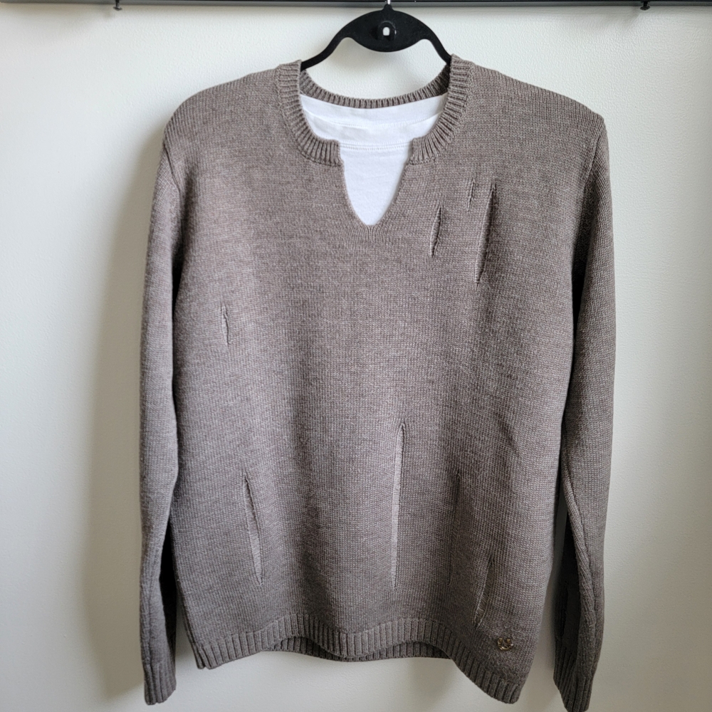 Antony Morato V-Neck Tan Sweater Fake Rip Texture Distress Details